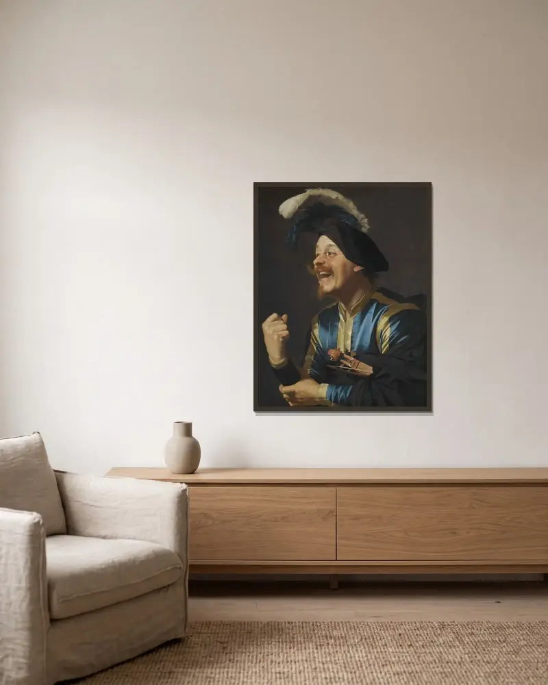 En skrattande violinist av Gerard van Honthorst inramad på en vägg