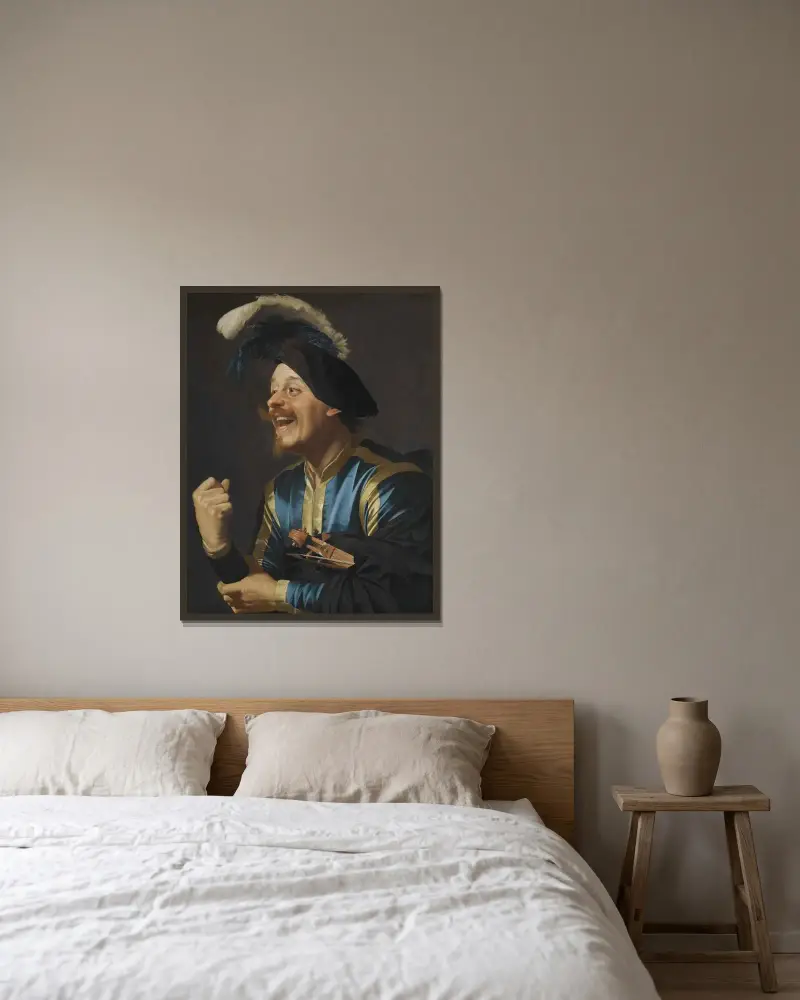 En skrattande violinist av Gerard van Honthorst inramad på en vägg