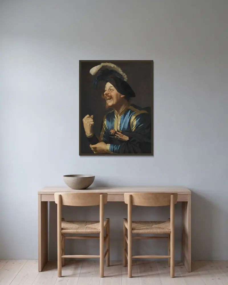 En skrattande violinist av Gerard van Honthorst inramad på en vägg