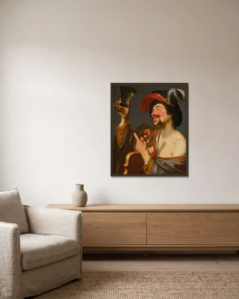 En glad violinist med en roemer av Gerard van Honthorst inramad på en vägg