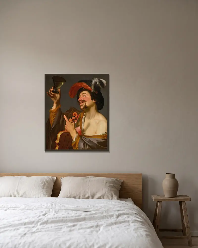 En glad violinist med en roemer av Gerard van Honthorst inramad på en vägg