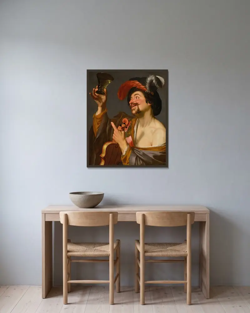 En glad violinist med en roemer av Gerard van Honthorst inramad på en vägg