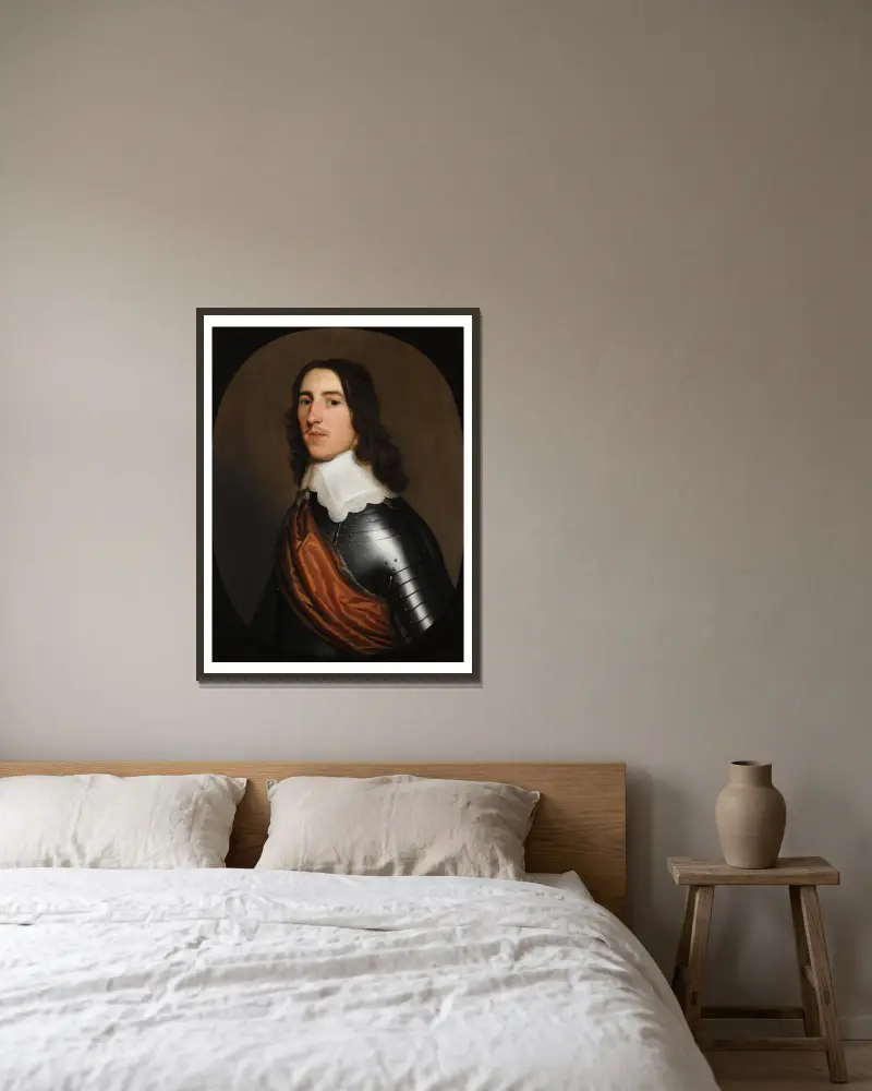 Porträtt av en gentleman, halvfigur, förmodad Sir Thomas Ogle, i rustning med vit krage och orange skärp av Gerard van Honthorst inramad på en vägg