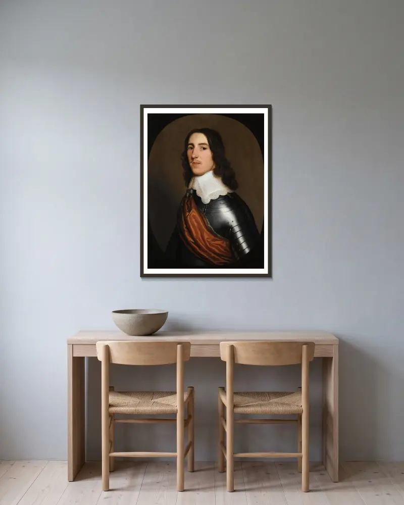 Porträtt av en gentleman, halvfigur, förmodad Sir Thomas Ogle, i rustning med vit krage och orange skärp av Gerard van Honthorst inramad på en vägg