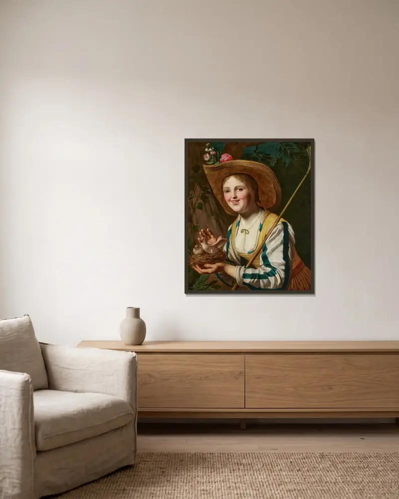 En herdinna hållande ett fågelbo av Gerard van Honthorst inramad på en vägg