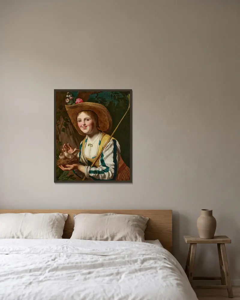 En herdinna hållande ett fågelbo av Gerard van Honthorst inramad på en vägg