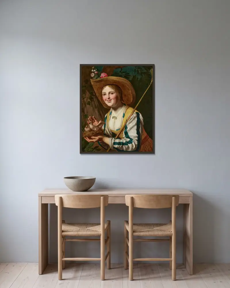 En herdinna hållande ett fågelbo av Gerard van Honthorst inramad på en vägg