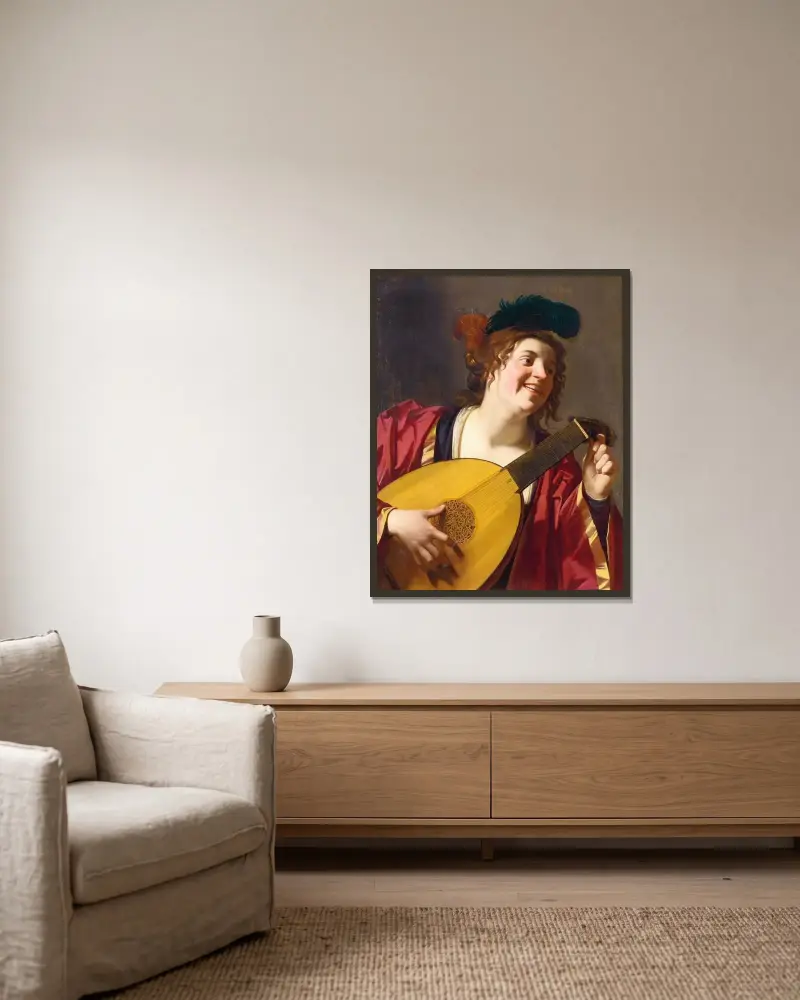 Kvinna som stämmer en luta av Gerard van Honthorst inramad på en vägg