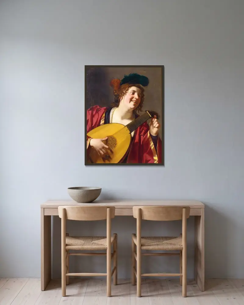 Kvinna som stämmer en luta av Gerard van Honthorst inramad på en vägg