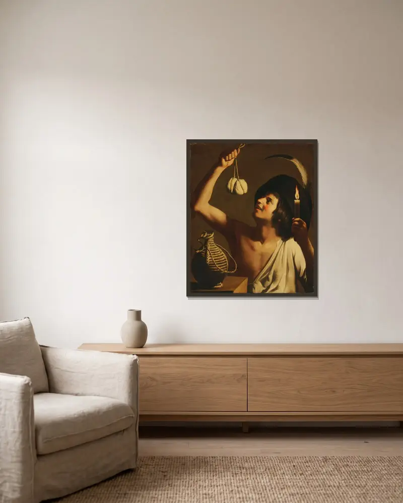 Ung man med brinnande ljus och scamorzaost, en fiascoflaska bredvid av Gerard van Honthorst inramad på en vägg