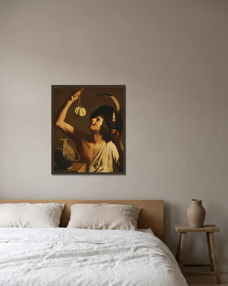 Ung man med brinnande ljus och scamorzaost, en fiascoflaska bredvid av Gerard van Honthorst inramad på en vägg