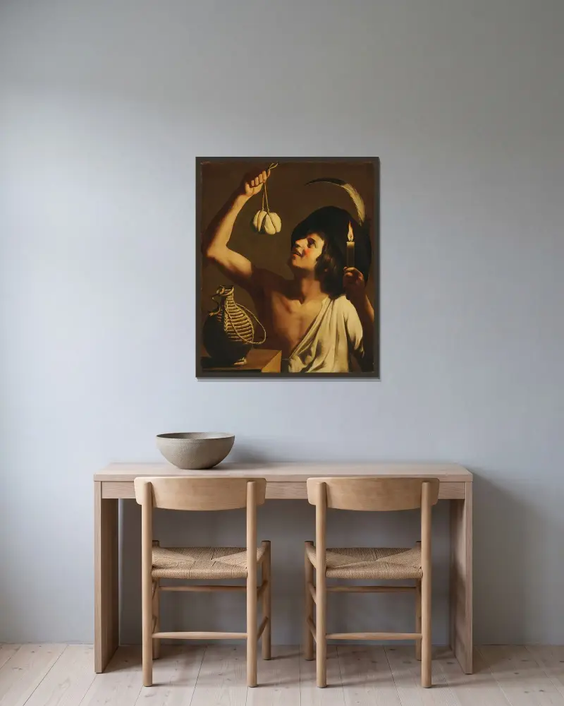 Ung man med brinnande ljus och scamorzaost, en fiascoflaska bredvid av Gerard van Honthorst inramad på en vägg