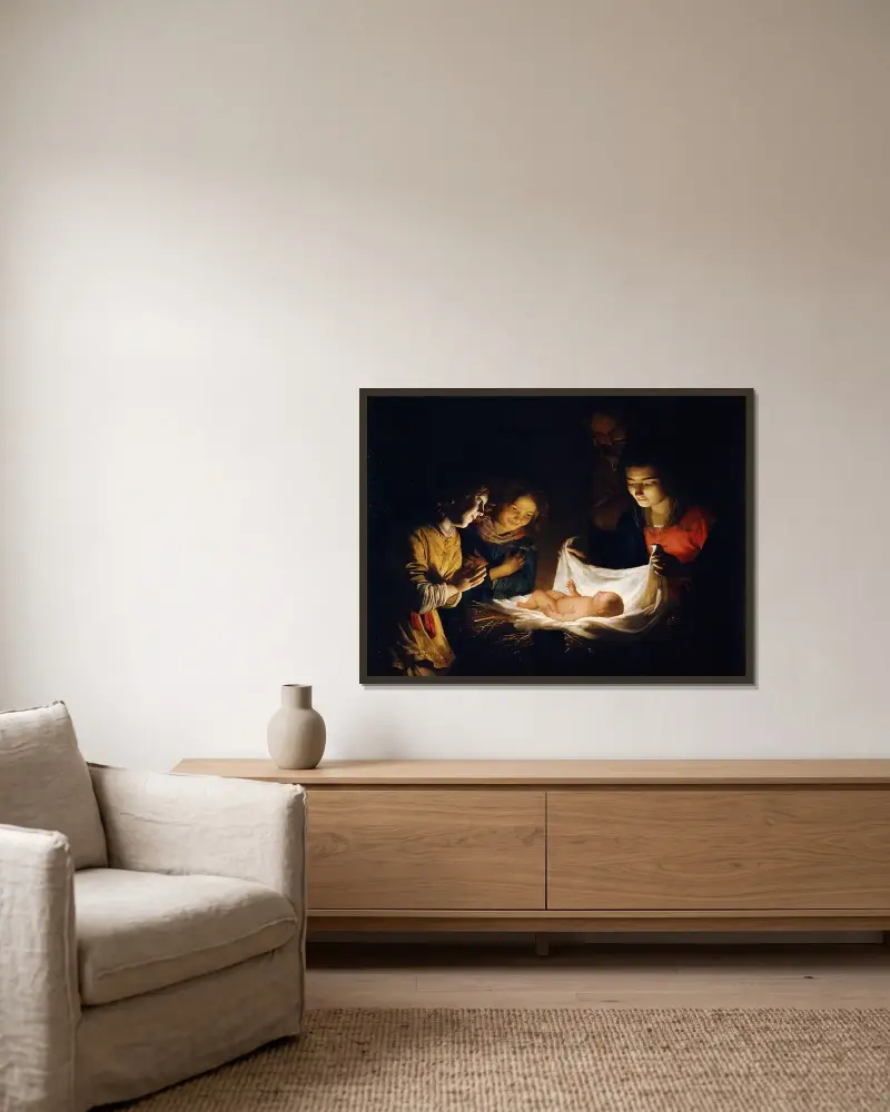 Tillbedjan av barnet av Gerard van Honthorst inramad på en vägg