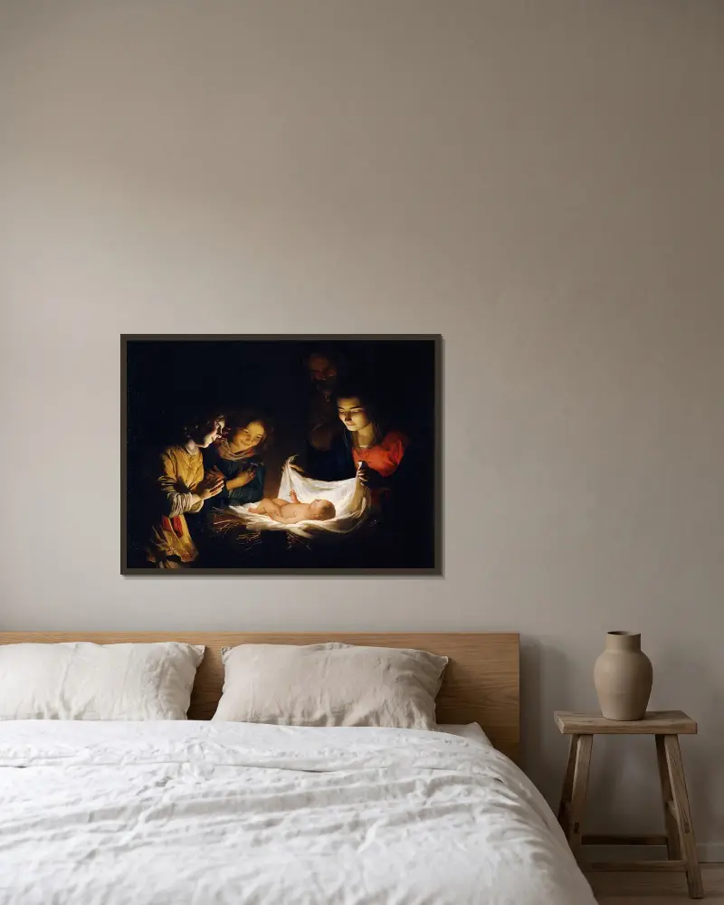 Tillbedjan av barnet av Gerard van Honthorst inramad på en vägg