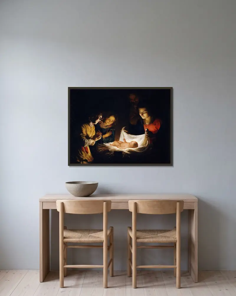 Tillbedjan av barnet av Gerard van Honthorst inramad på en vägg