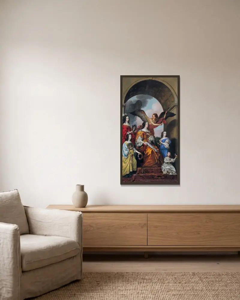 Amalia och hennes döttrar ser på Fredrik Hendriks triumf av Gerard van Honthorst inramad på en vägg