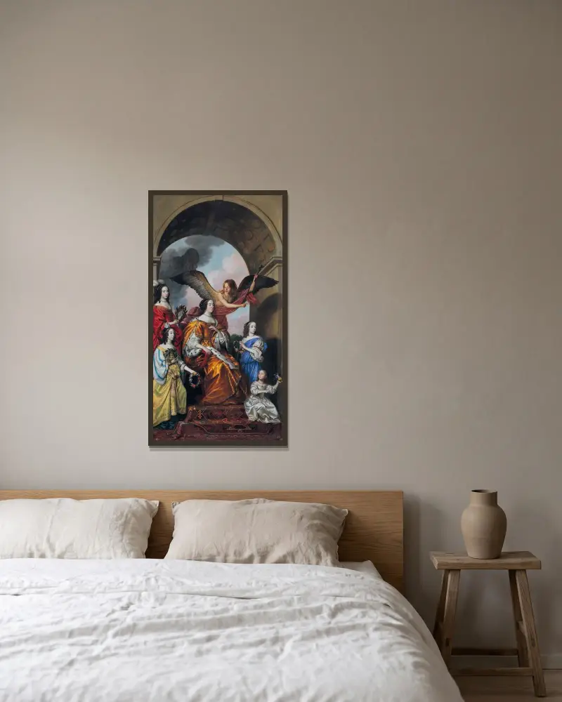 Amalia och hennes döttrar ser på Fredrik Hendriks triumf av Gerard van Honthorst inramad på en vägg