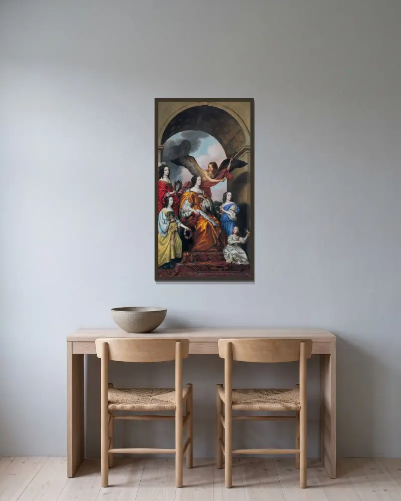 Amalia och hennes döttrar ser på Fredrik Hendriks triumf av Gerard van Honthorst inramad på en vägg