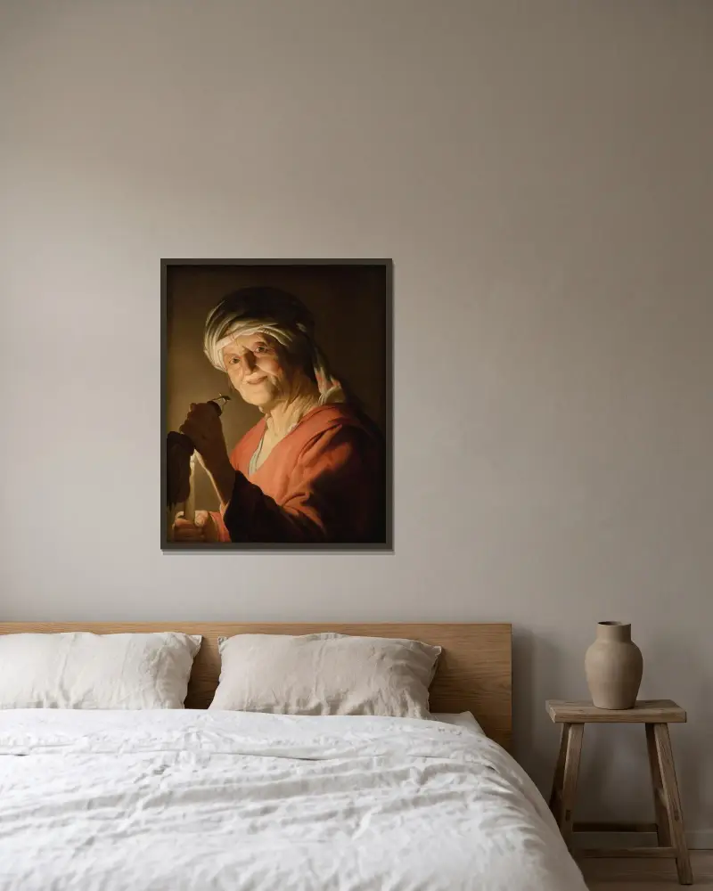 En gammal kvinna av Gerard van Honthorst inramad på en vägg
