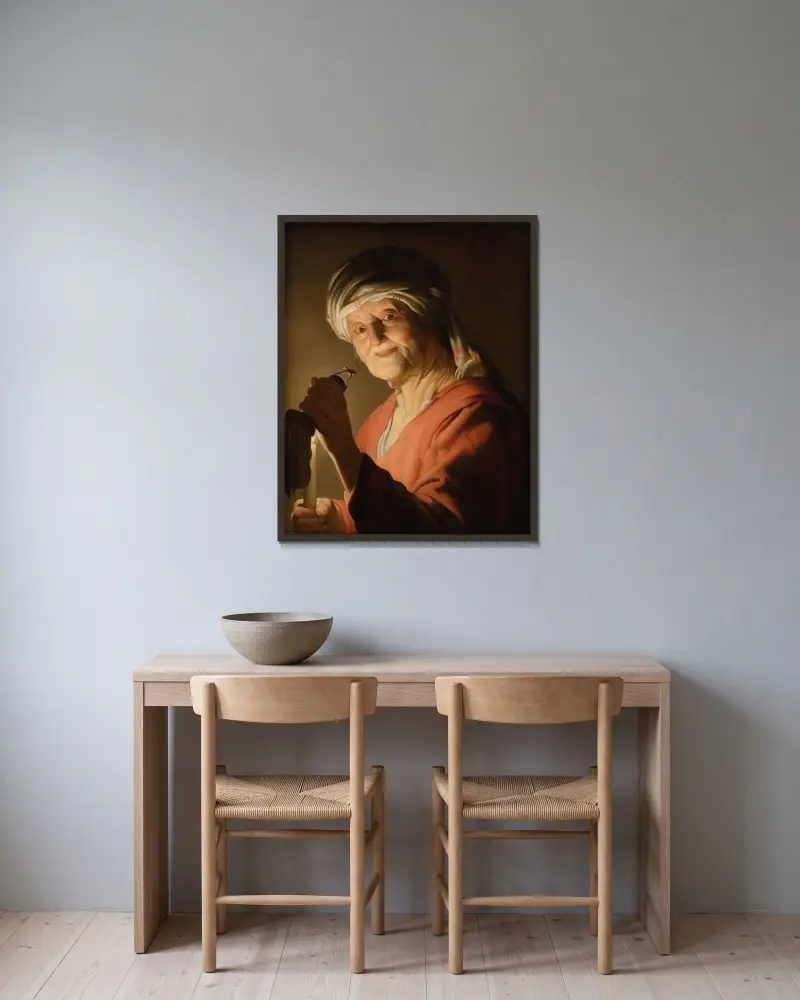 En gammal kvinna av Gerard van Honthorst inramad på en vägg