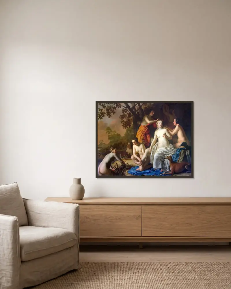 Diana med sina nymfer av Gerard van Honthorst inramad på en vägg