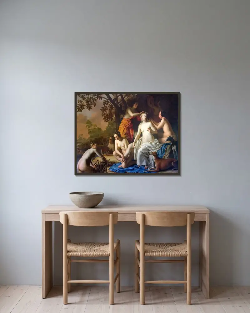 Diana med sina nymfer av Gerard van Honthorst inramad på en vägg