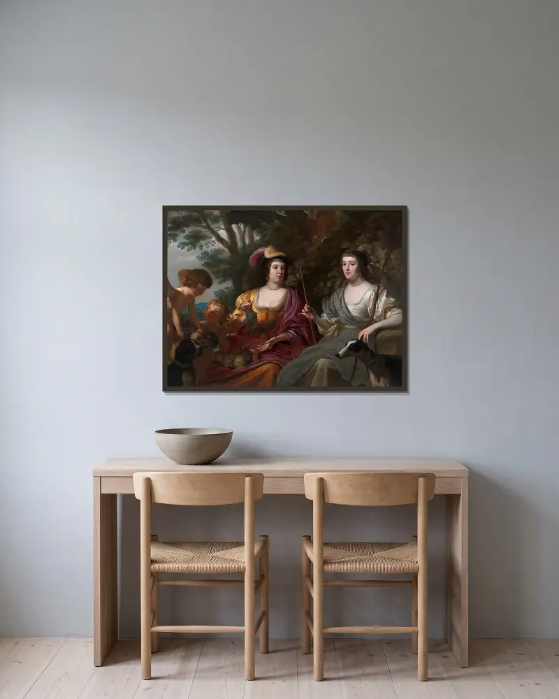Doppelporträt von Amalia van Solms und Charlotte de La Trémoïlle von Gerard van Honthorst gerahmt an einer Wand