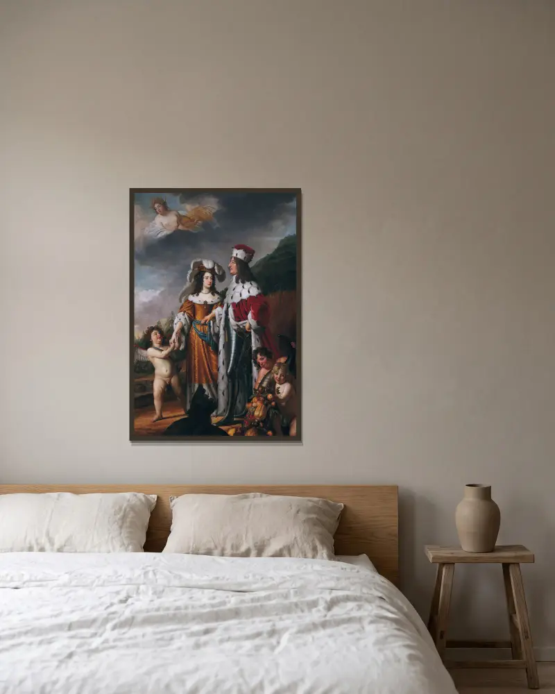 Louise Henriette führt Friedrich Wilhelm, Kurfürst von Brandenburg, zu ihren Eltern von Gerard van Honthorst gerahmt an einer Wand