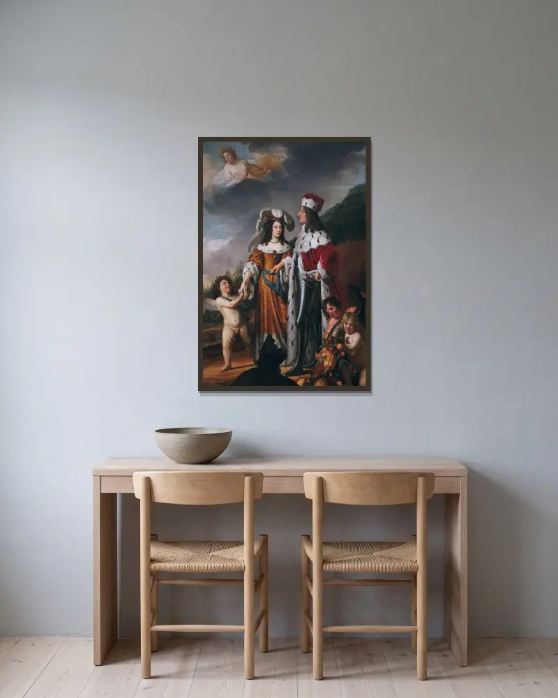 Louise Henriette führt Friedrich Wilhelm, Kurfürst von Brandenburg, zu ihren Eltern von Gerard van Honthorst gerahmt an einer Wand