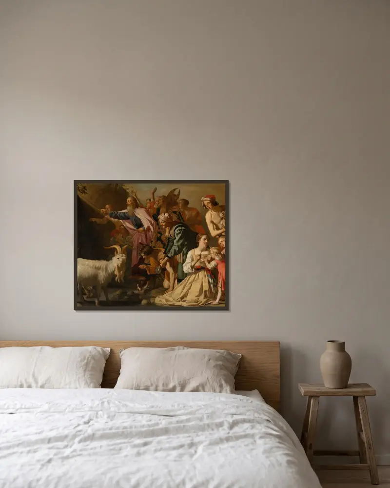 Mose slår vatten ur klippan av Gerard van Honthorst inramad på en vägg