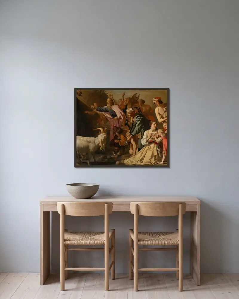 Mose slår vatten ur klippan av Gerard van Honthorst inramad på en vägg