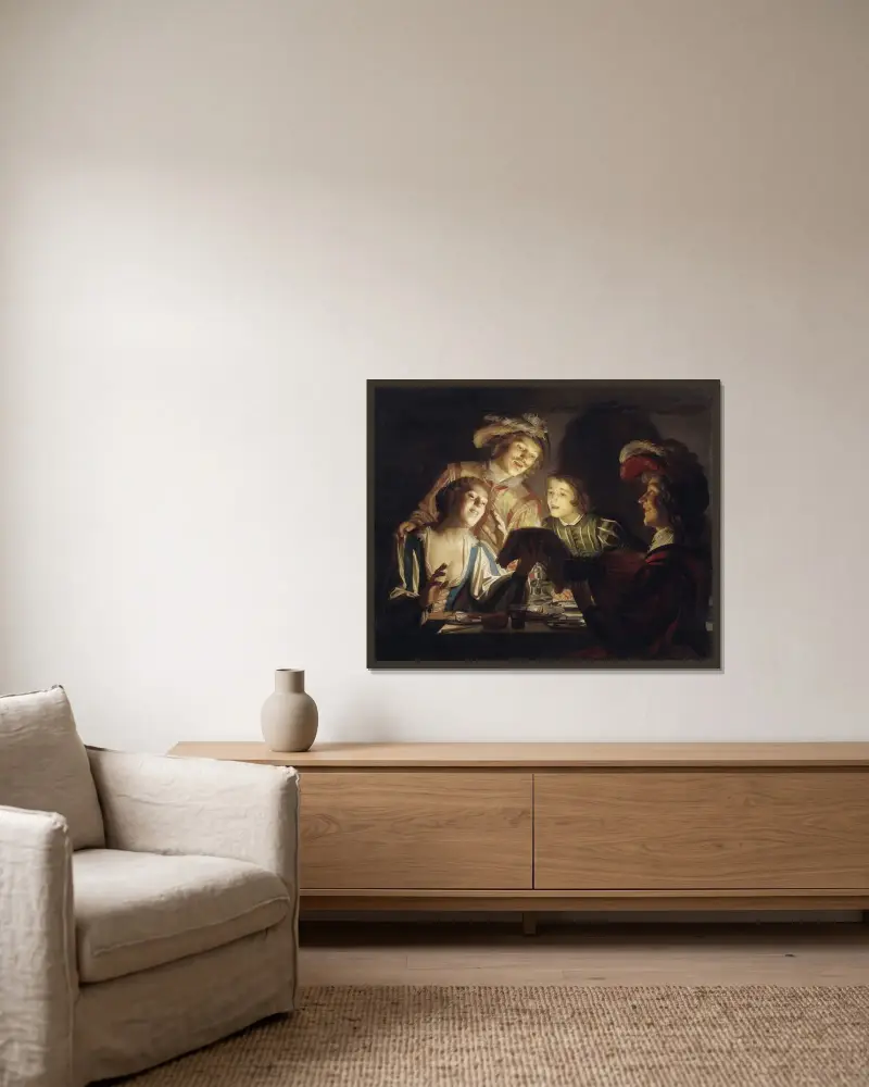 Musikgrupp vid levande ljus av Gerard van Honthorst inramad på en vägg