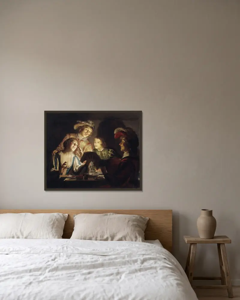 Musikgrupp vid levande ljus av Gerard van Honthorst inramad på en vägg