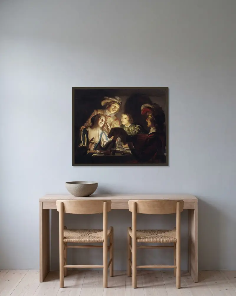Musikgrupp vid levande ljus av Gerard van Honthorst inramad på en vägg