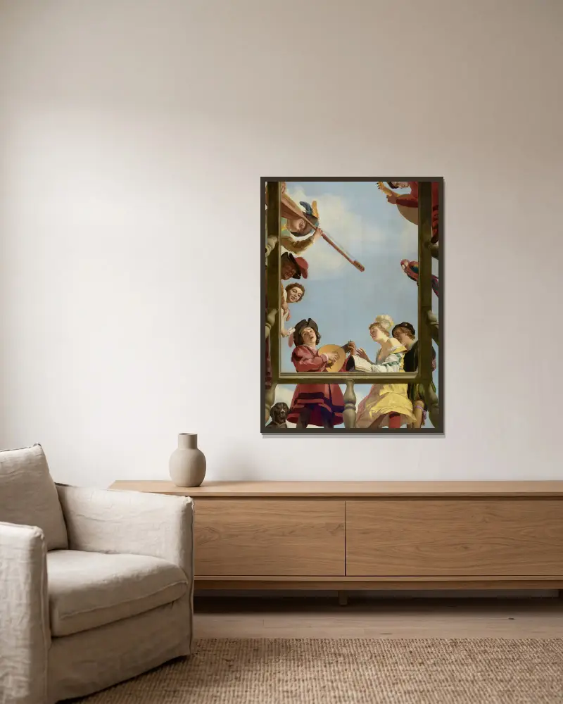 Musikgruppe auf einem Balkon von Gerard van Honthorst gerahmt an einer Wand