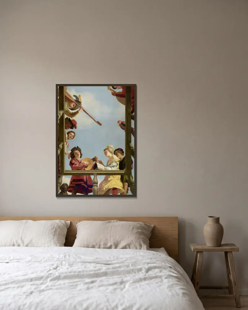 Musikgruppe auf einem Balkon von Gerard van Honthorst gerahmt an einer Wand