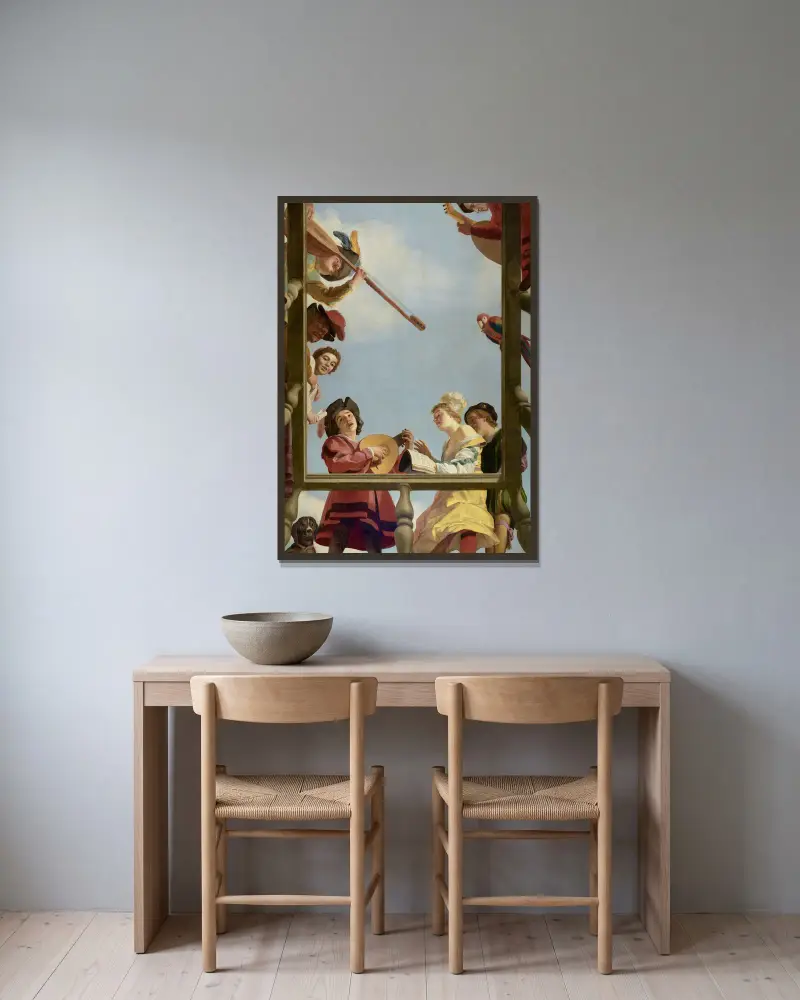 Musikgruppe auf einem Balkon von Gerard van Honthorst gerahmt an einer Wand