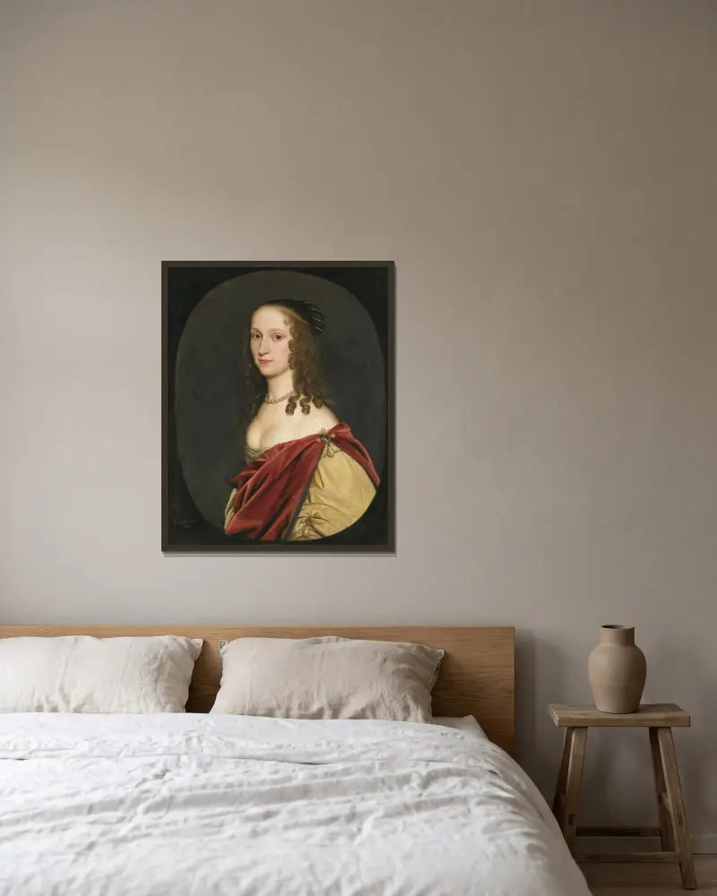 Porträtt av en dam av Gerard van Honthorst inramad på en vägg