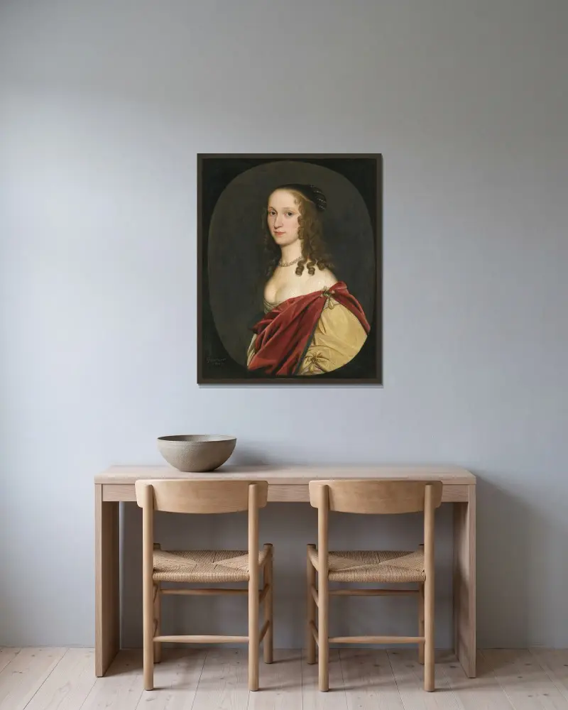Porträtt av en dam av Gerard van Honthorst inramad på en vägg