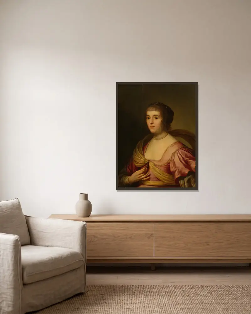 Portrait of Amalia van Solms av Gerard van Honthorst inramad på en vägg