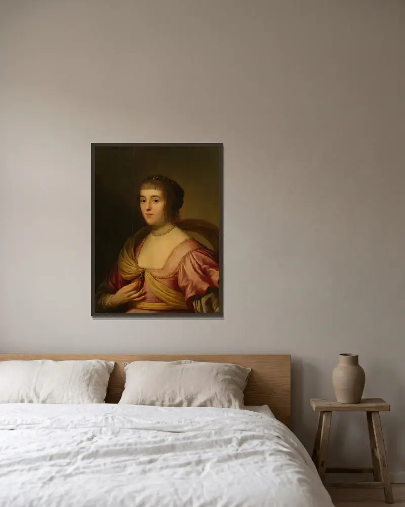 Portrait of Amalia van Solms av Gerard van Honthorst inramad på en vägg