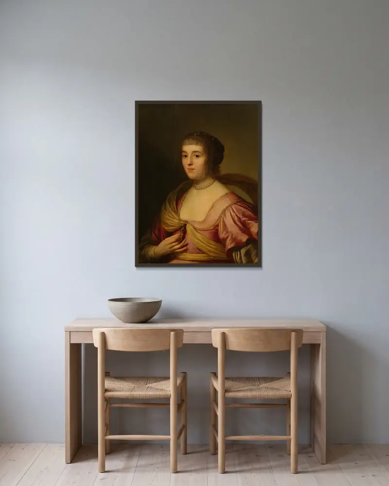 Portrait of Amalia van Solms av Gerard van Honthorst inramad på en vägg