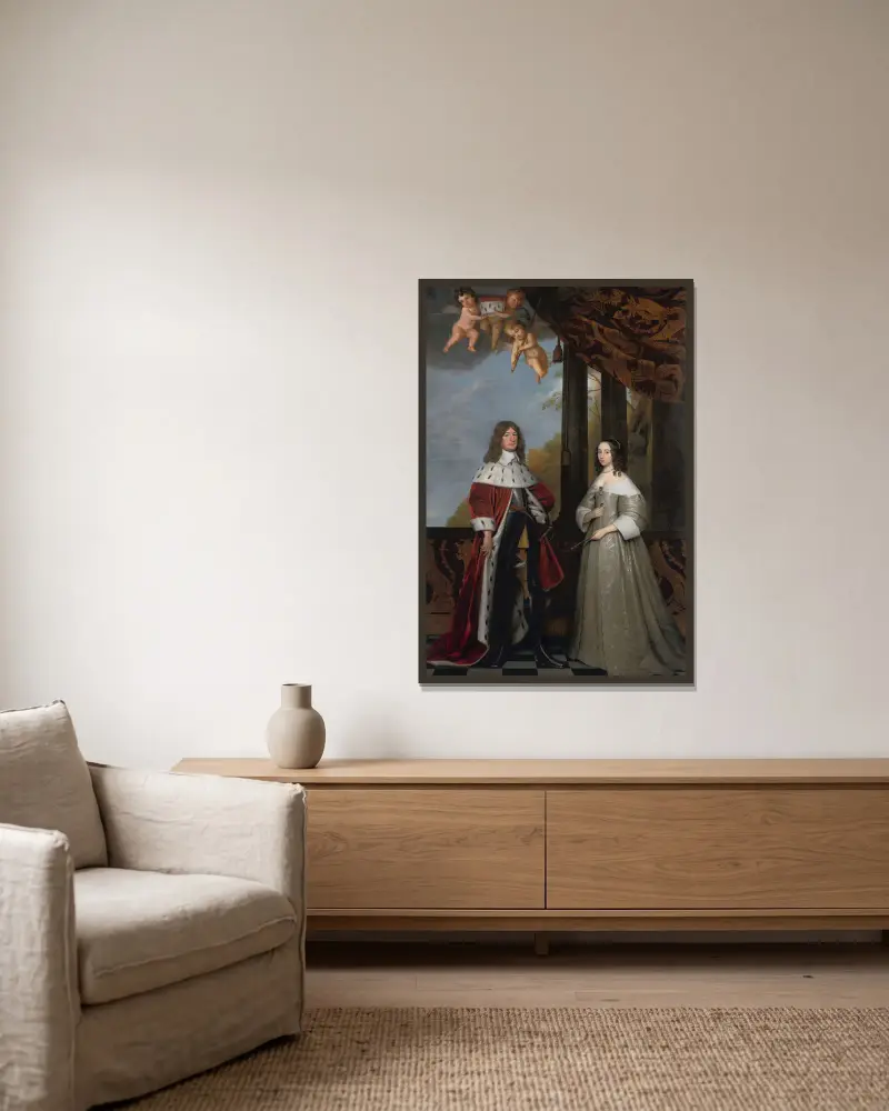Portrait of Friedrich Wilhelm, Elector of Brandenburg, and his Wife Louise Henriette, Countess of Orange-Nassau av Gerard van Honthorst inramad på en vägg