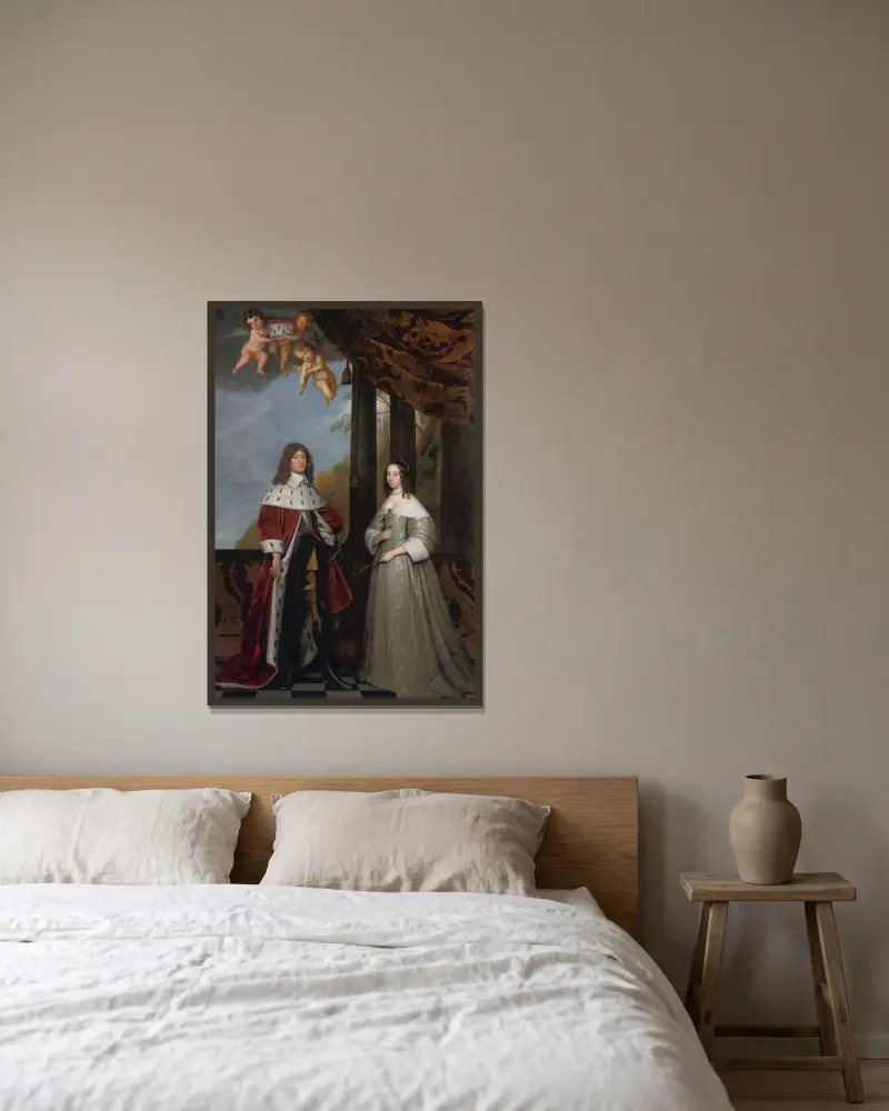 Portrait of Friedrich Wilhelm, Elector of Brandenburg, and his Wife Louise Henriette, Countess of Orange-Nassau av Gerard van Honthorst inramad på en vägg