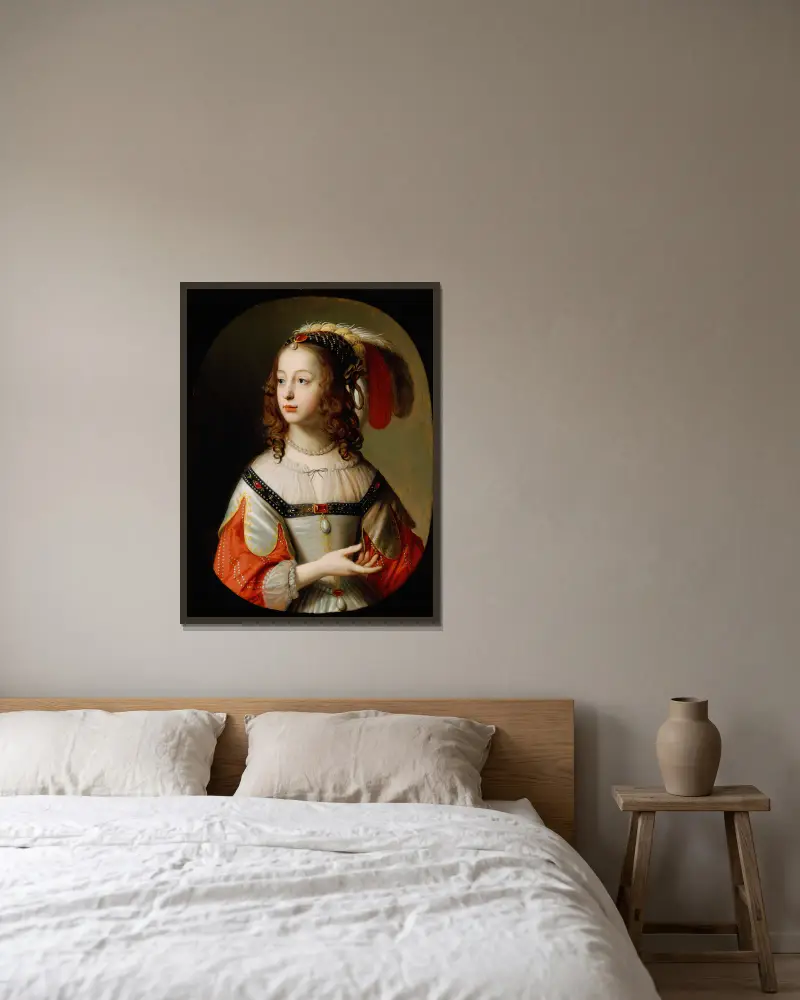 Portrait of Sophia, Princess Palatine av Gerard van Honthorst inramad på en vägg
