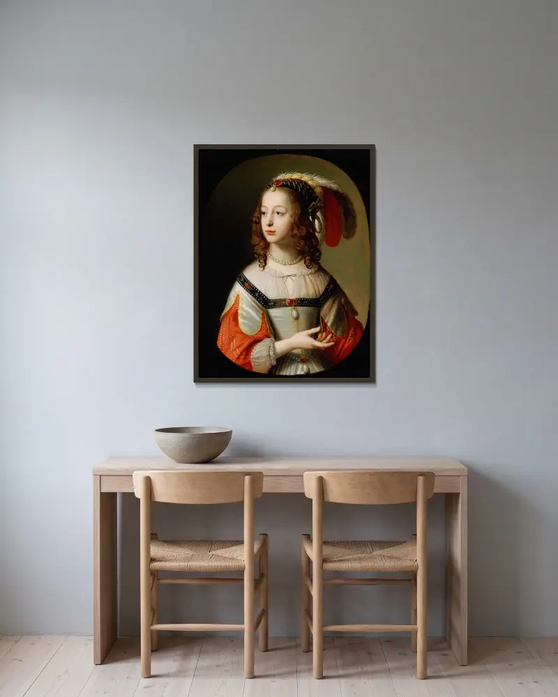 Portrait of Sophia, Princess Palatine av Gerard van Honthorst inramad på en vägg