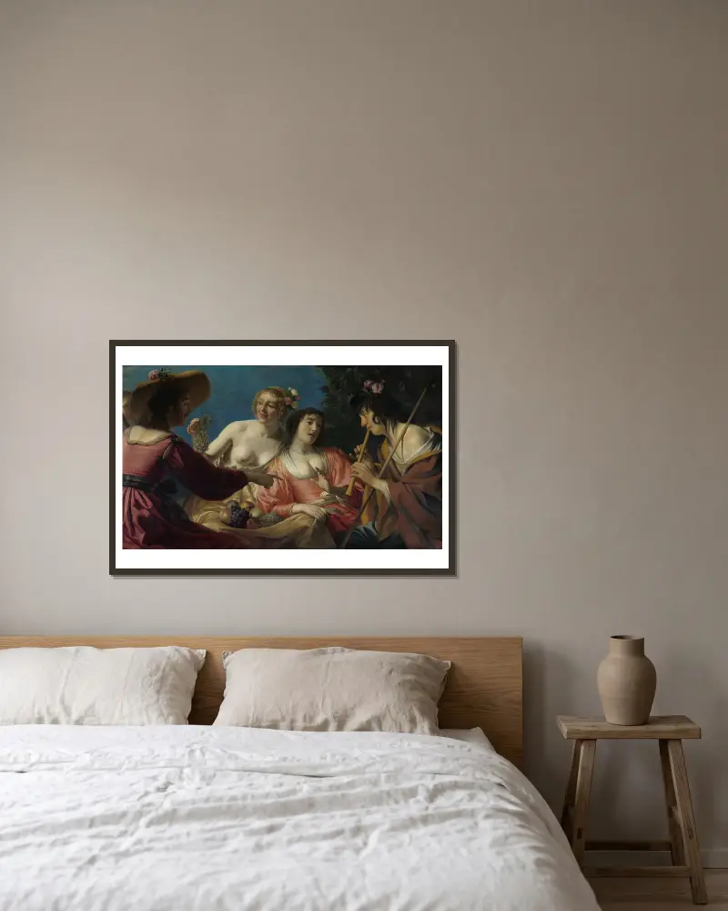 Hirte, Flöte spielend, mit vier Hirtinnen von Gerard van Honthorst gerahmt an einer Wand