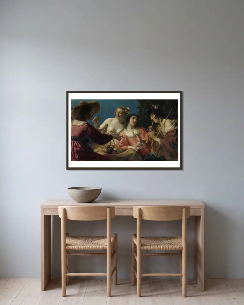 Hirte, Flöte spielend, mit vier Hirtinnen von Gerard van Honthorst gerahmt an einer Wand