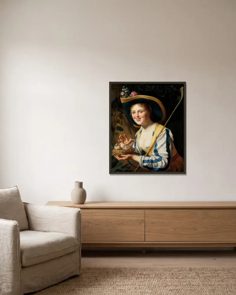 Herdeflicka med duvor av Gerard van Honthorst inramad på en vägg
