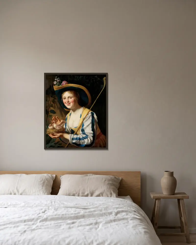Herdeflicka med duvor av Gerard van Honthorst inramad på en vägg